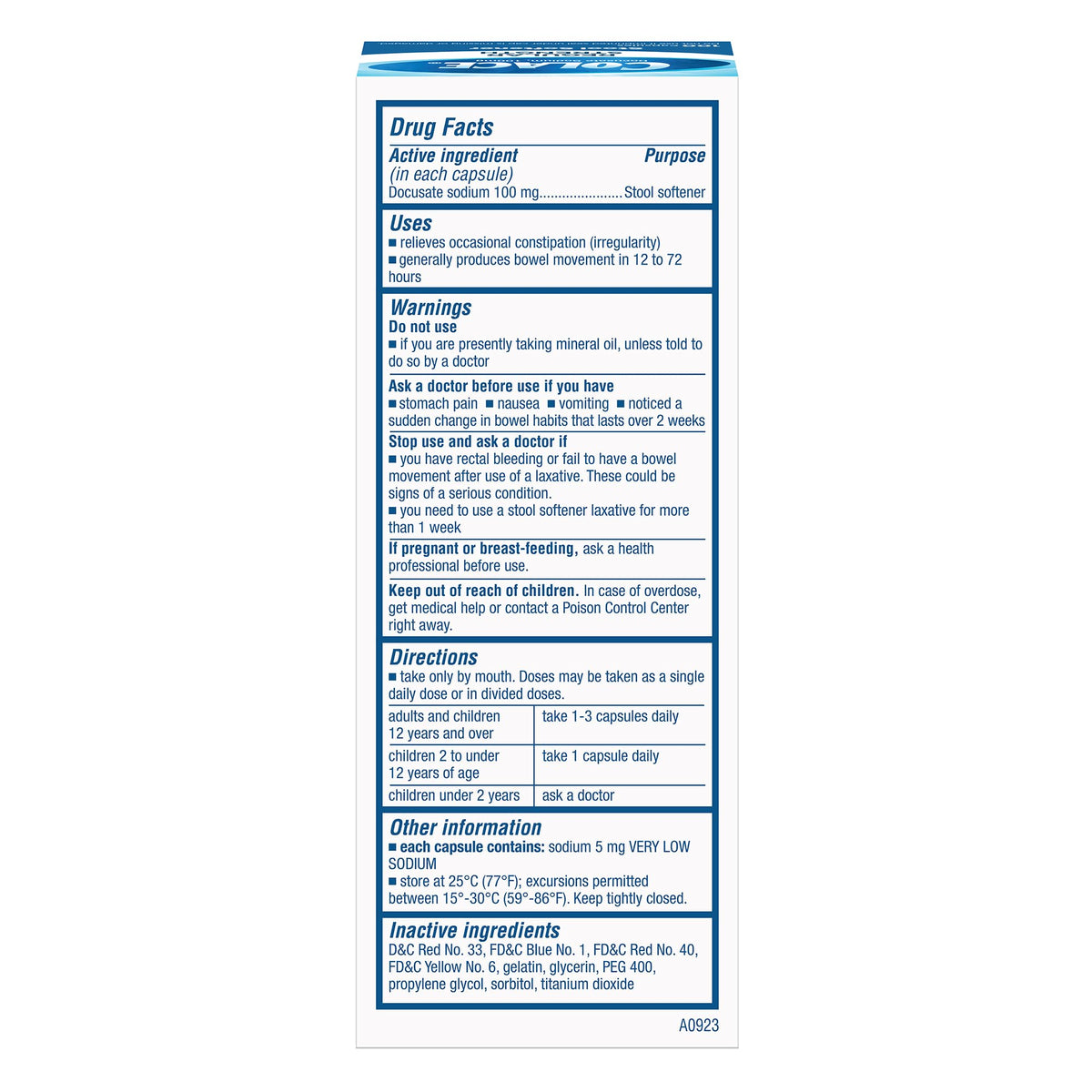 Side view of Colace 100 capsules bottle showing ingredients