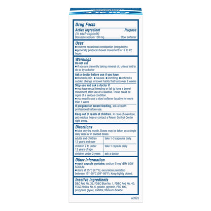Side view of Colace 100 capsules bottle showing ingredients