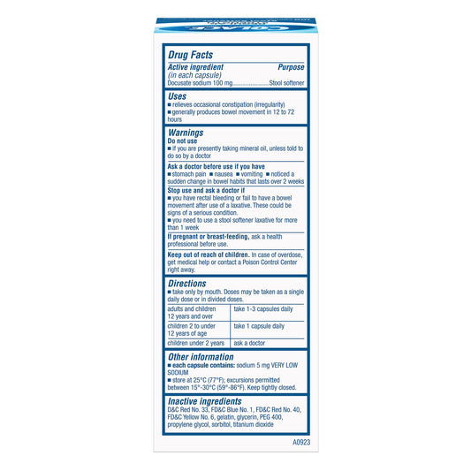Side view of Colace 100 capsules bottle showing ingredients