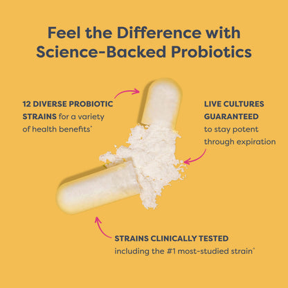 Close up view of delayed release vegetable capsules bottle highlighting ten probiotic strains.