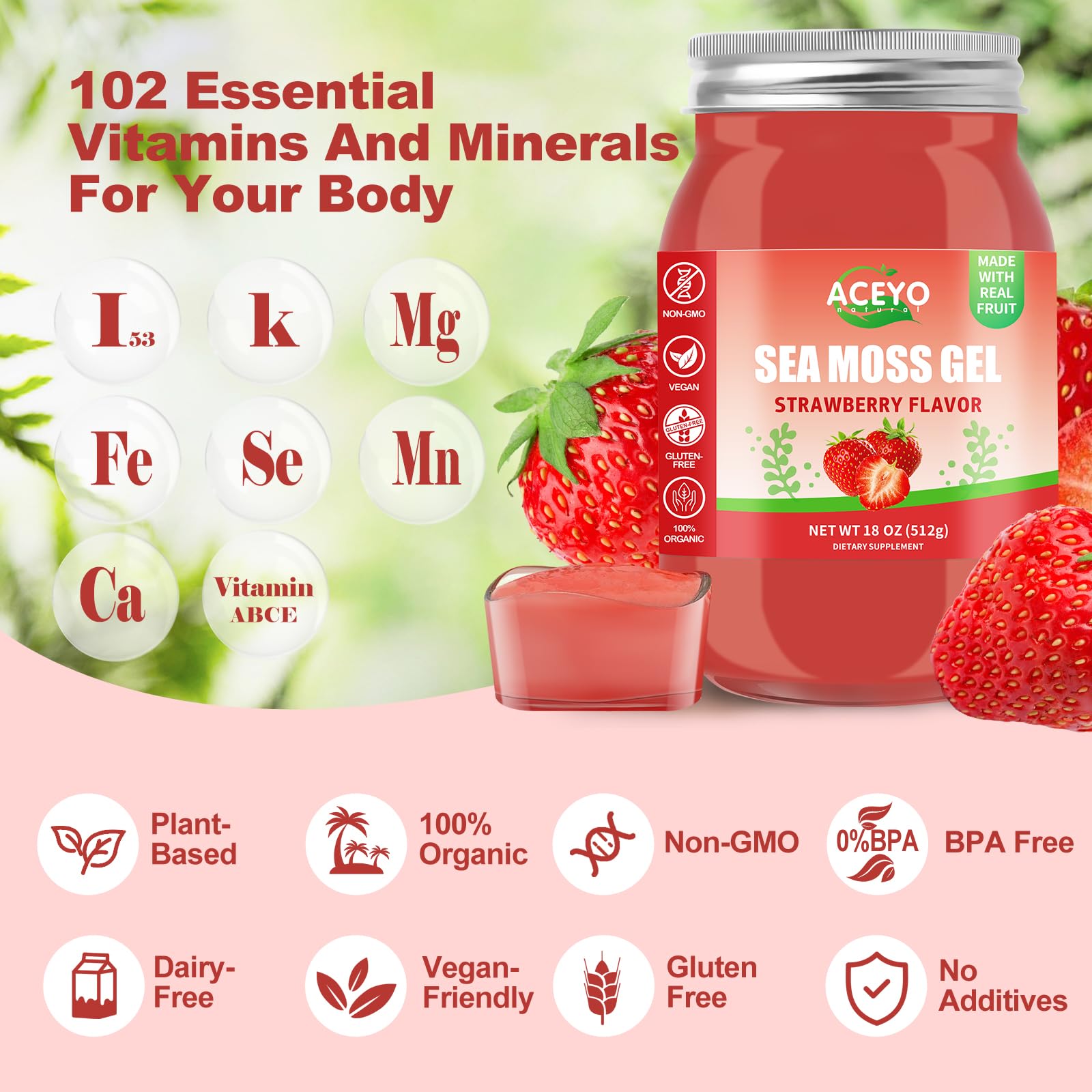 Organic raw vegan strawberry sea moss gel nutritional supplement texture close up