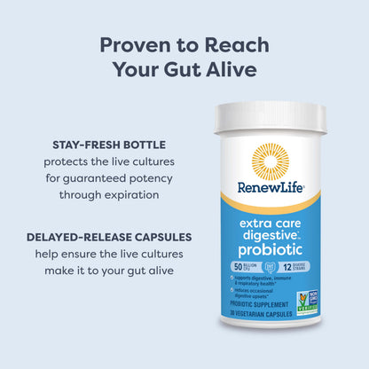 Back label of Renew Life Extra Care showing supplement facts and ingredient information.