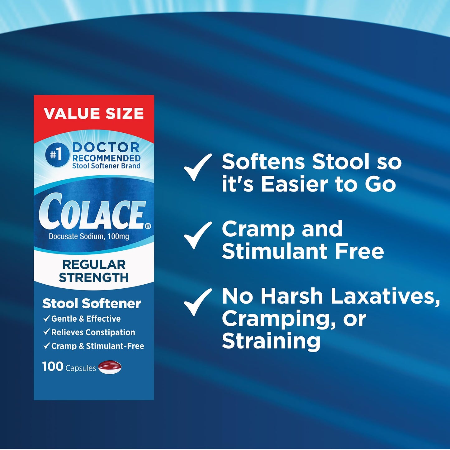 Colace 100 capsules bottle next to a glass of water