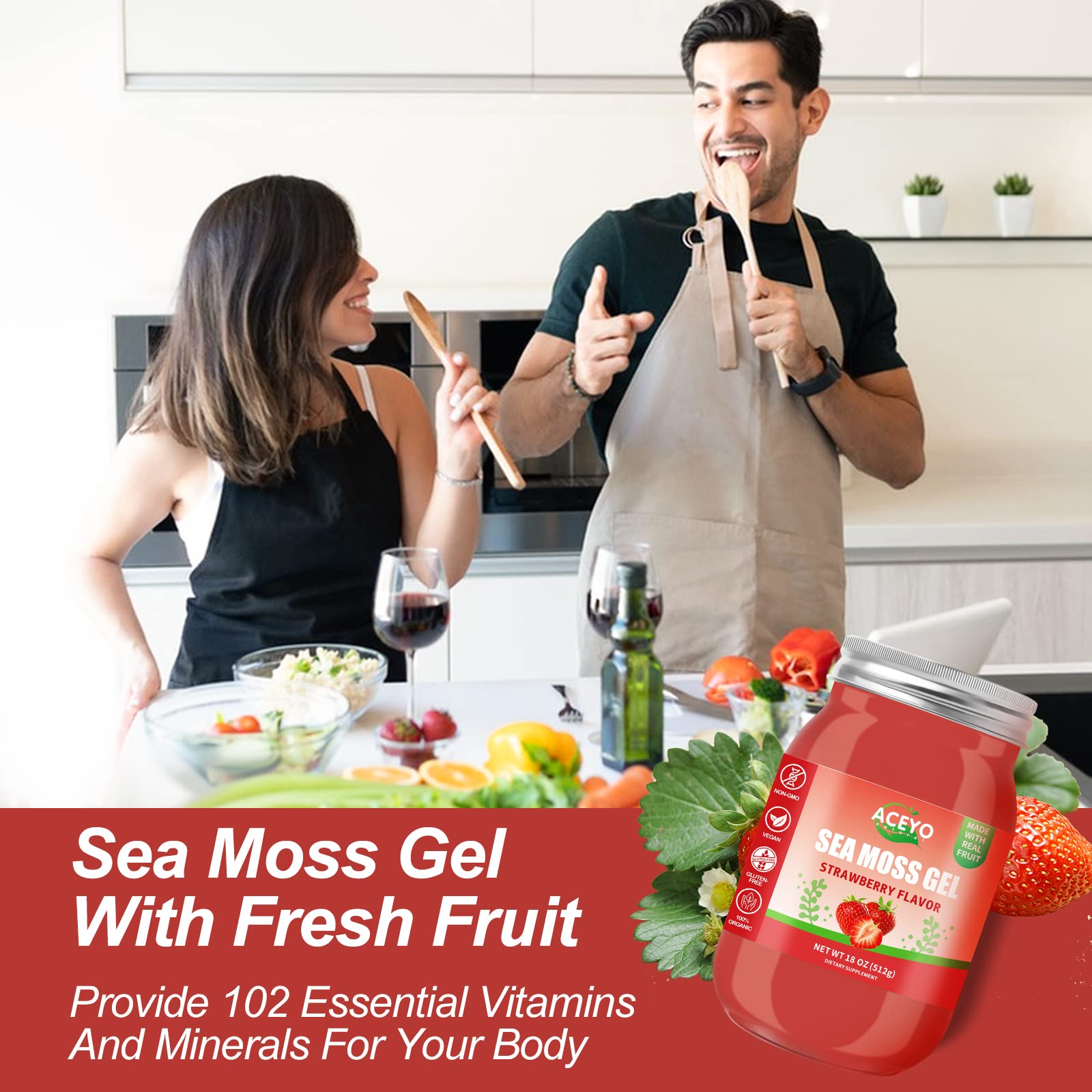 ACEYO wellness superfood gel jar highlighting one hundred and two vitamins and minerals