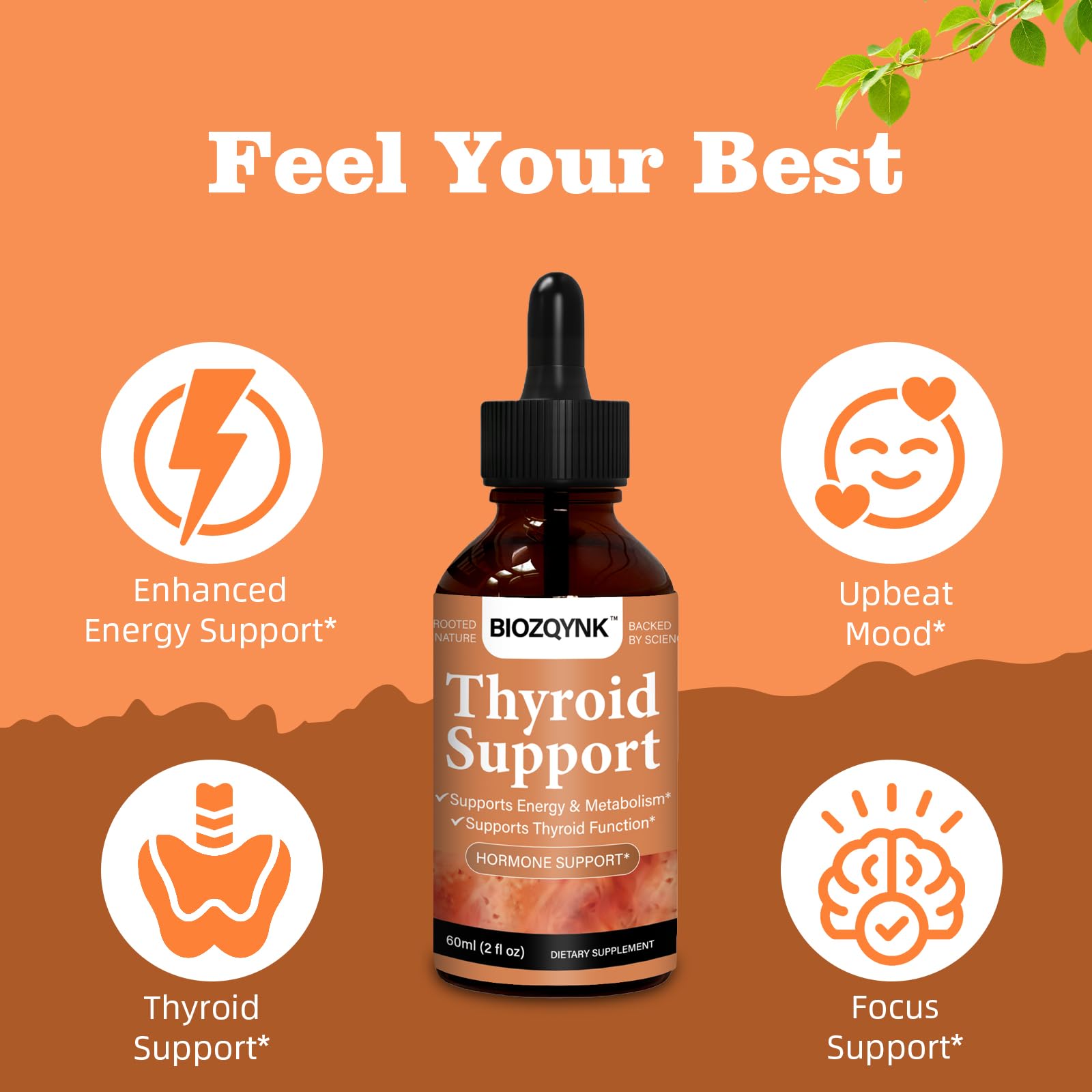 Biozqynk thyroid supplement liquid drops with iodine and selenium for energy balance.