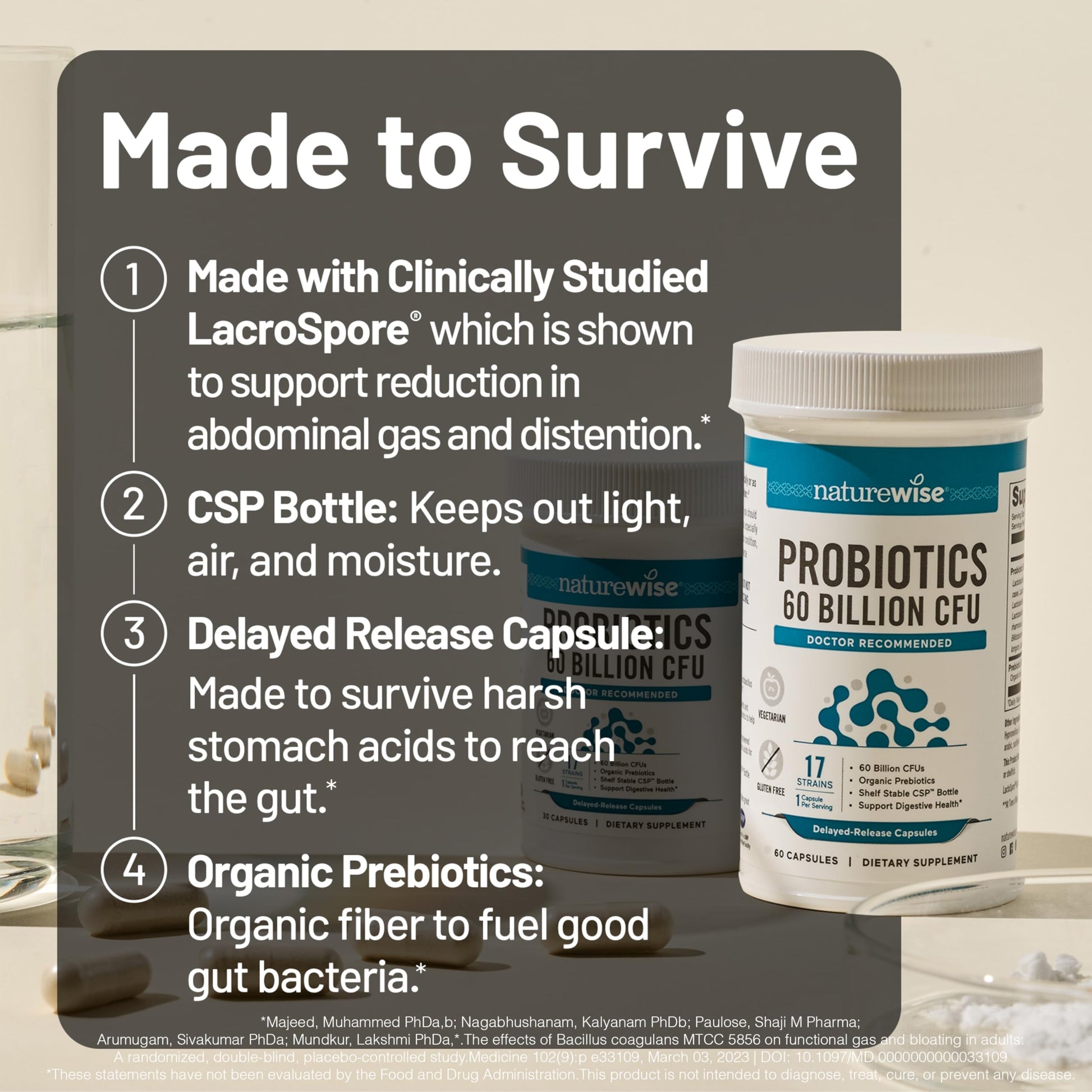 Back label view of NatureWise daily probiotic supplement outlining the 60 billion colony forming units ingredient breakdown.