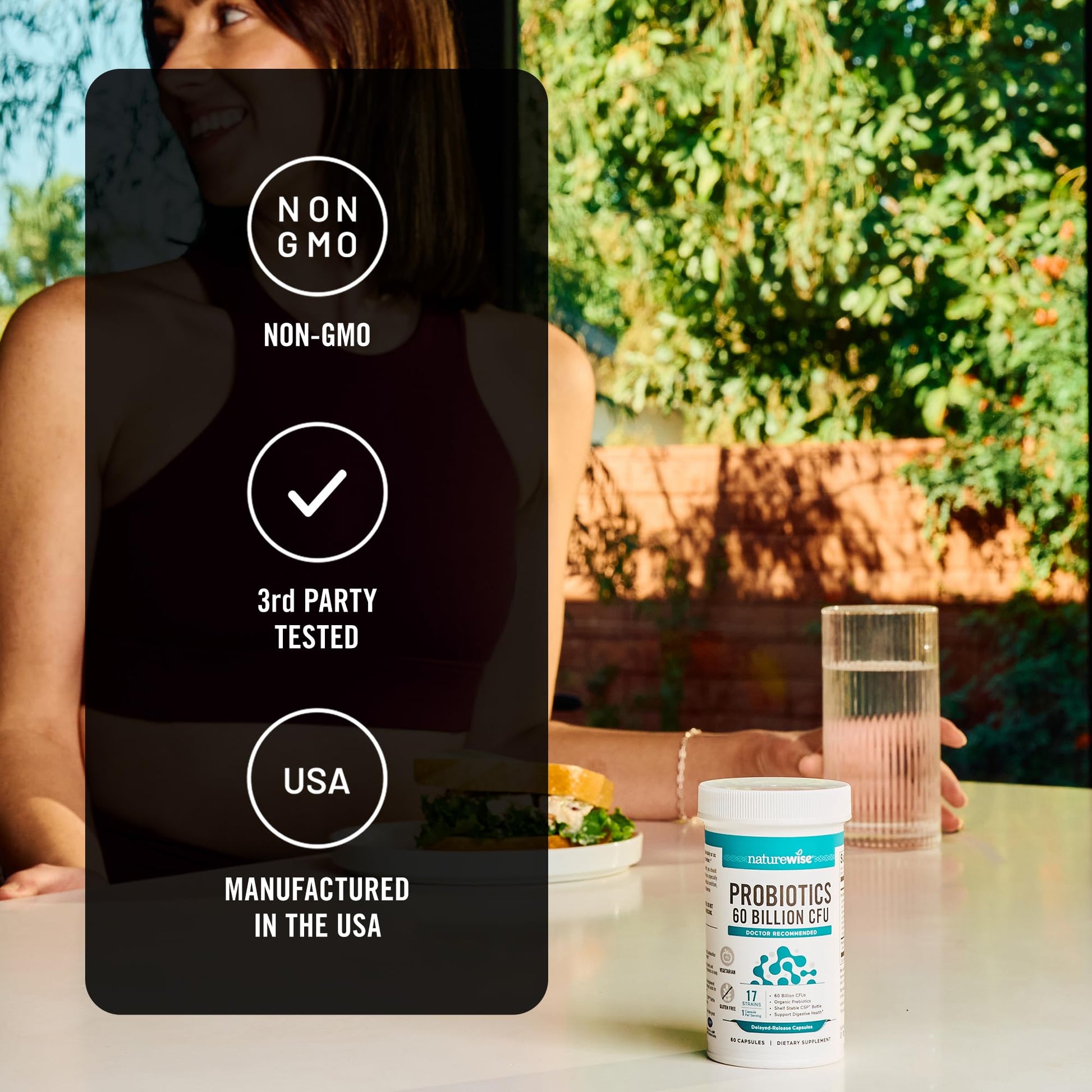 NatureWise shelf stable probiotic capsules bottle showcasing premium imported USA healthcare packaging for men and women.