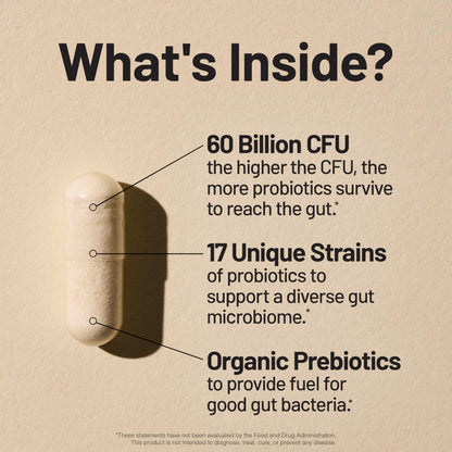 Product view of NatureWise 30 count gut health capsules indicating the inclusion of organic prebiotic fiber blend.