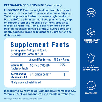Flavorless liquid probiotic drops dropper top and bottle angle
