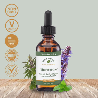 Native Remedies ThyroSoothe liquid supplement packaging displaying certified organic bugleweed and lemon balm ingredients.