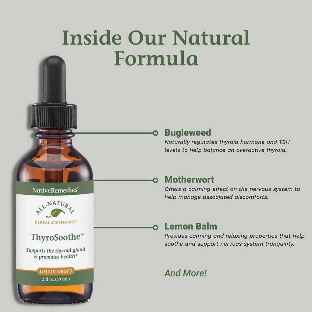 Back label of Native Remedies ThyroSoothe natural wellness drops showing GMP certification and vegan formula details.