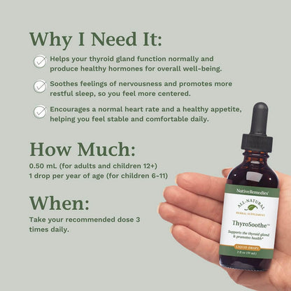 Native Remedies ThyroSoothe endocrine balance liquid tincture alongside a measuring dropper for accurate dosage.