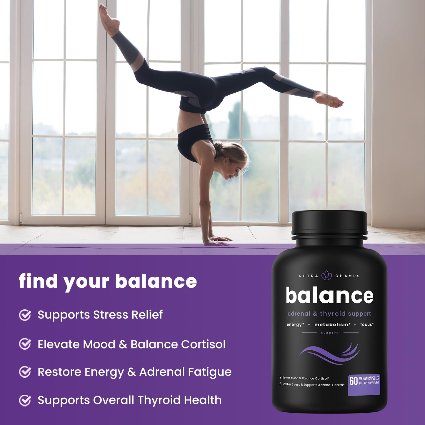 NutraChamps Balance dietary supplement showing the non-GMO and USA-manufactured quality seals