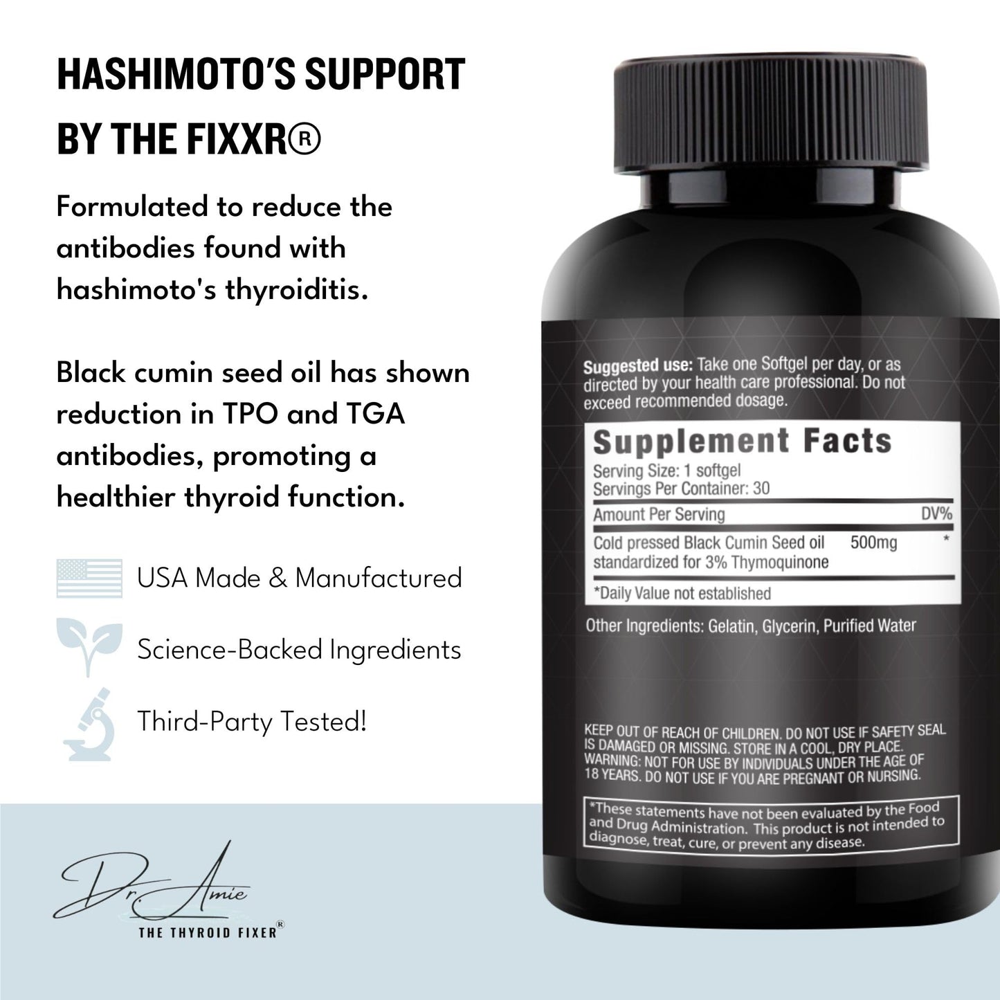 Fixxr Hashimotos Support 30 softgels dietary supplement side label details