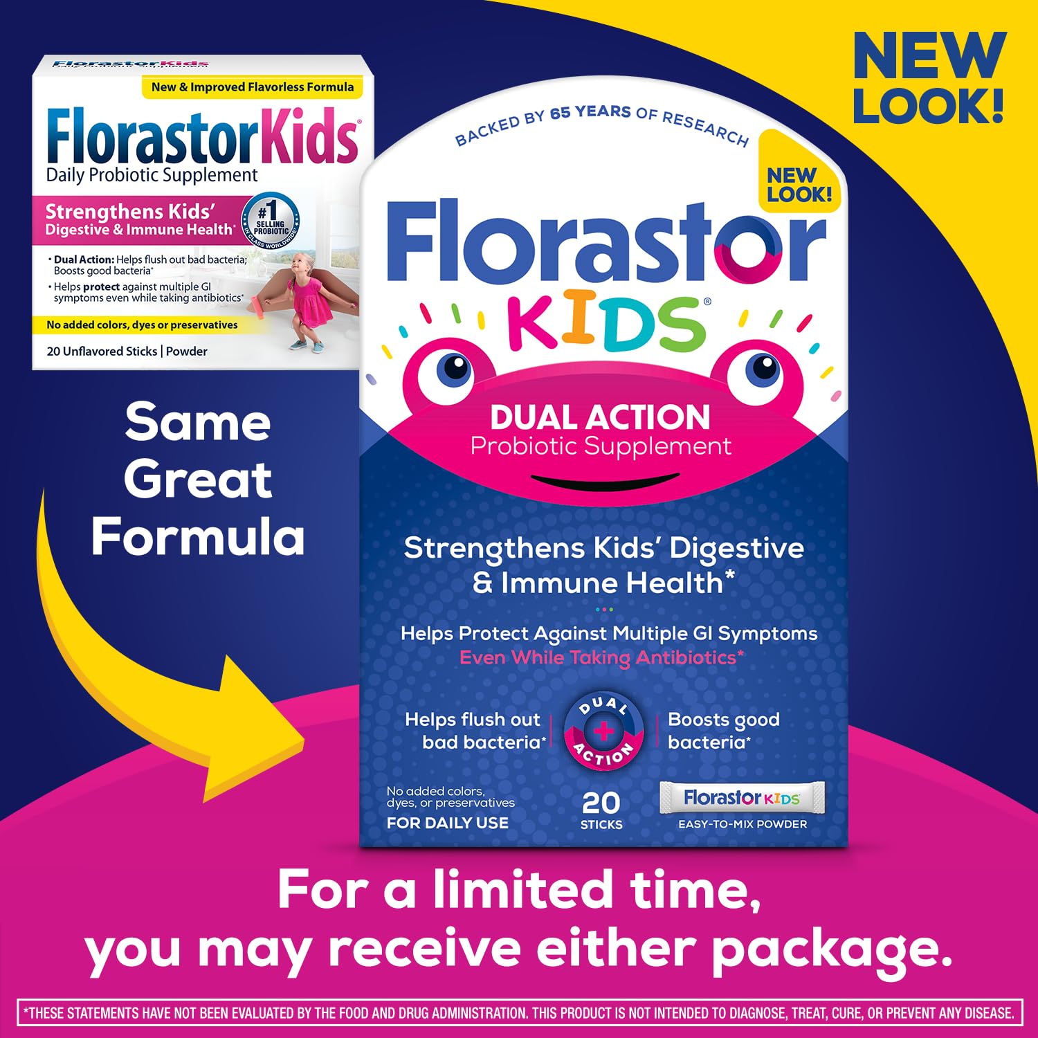 Florastor Kids probiotic powder sticks box showing 20 count tutti frutti flavor details