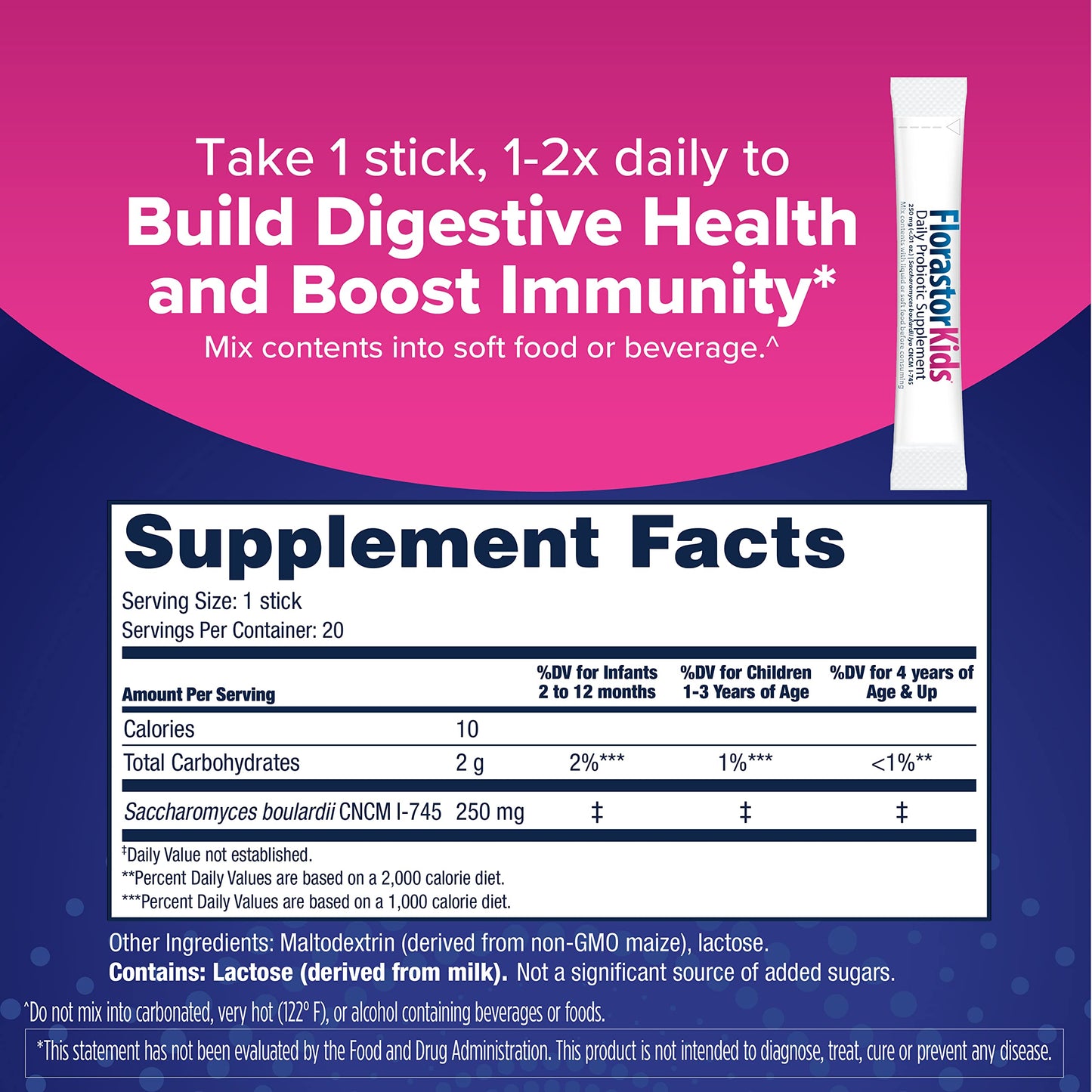 Back label of Florastor Kids probiotic supplement displaying ingredients and usage directions