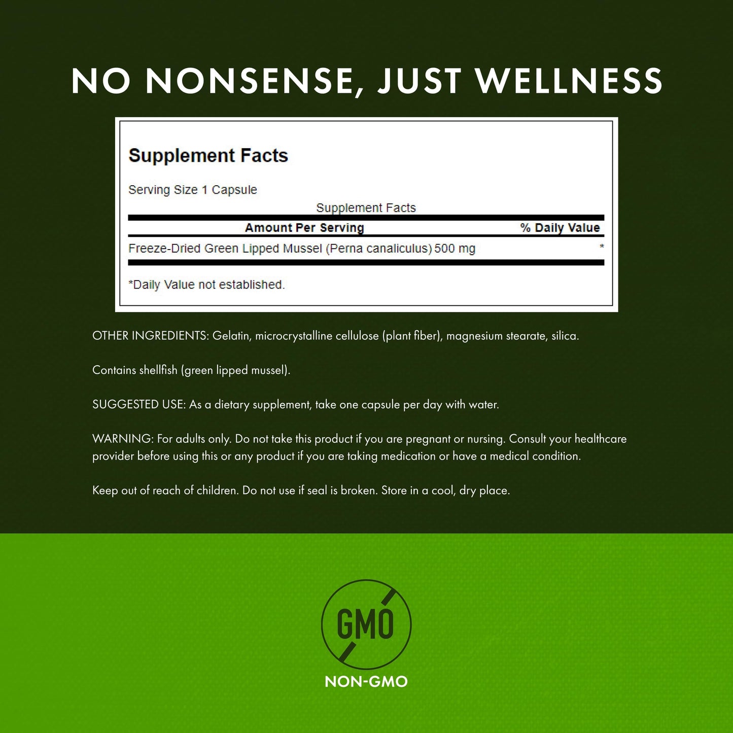 Swanson Green Lipped Mussel supplement bottle side profile showing nutrition facts