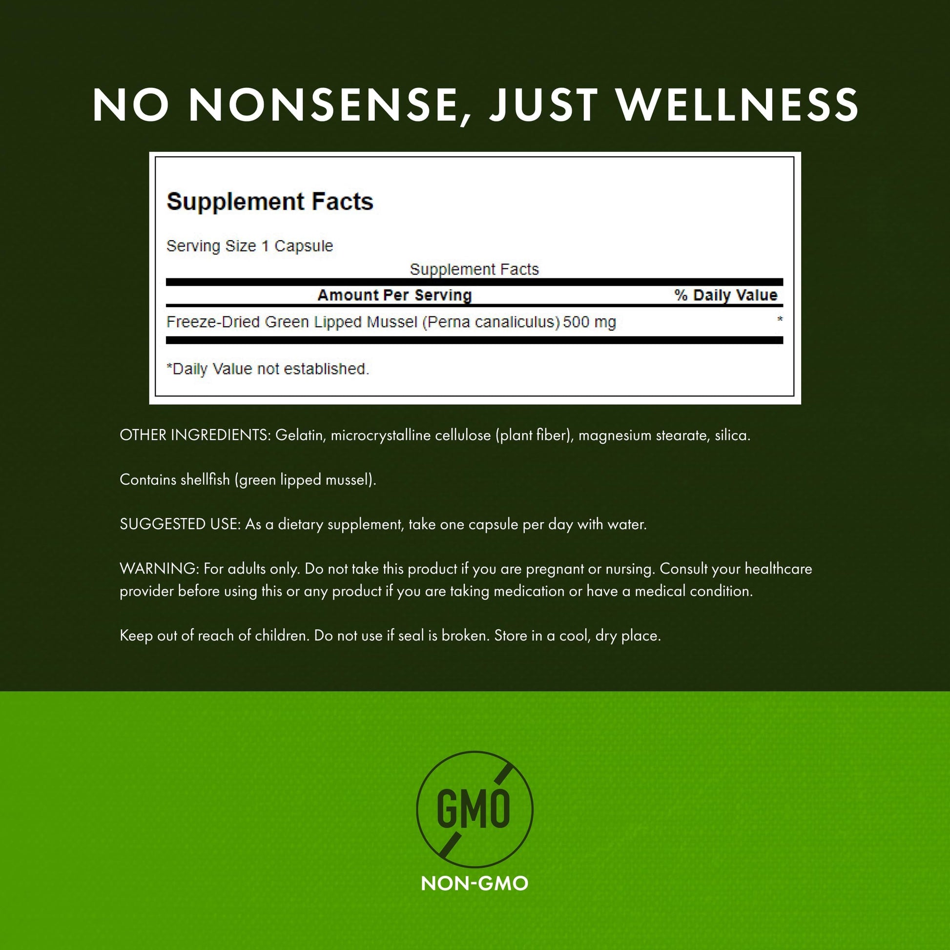 Swanson Green Lipped Mussel supplement bottle side profile showing nutrition facts