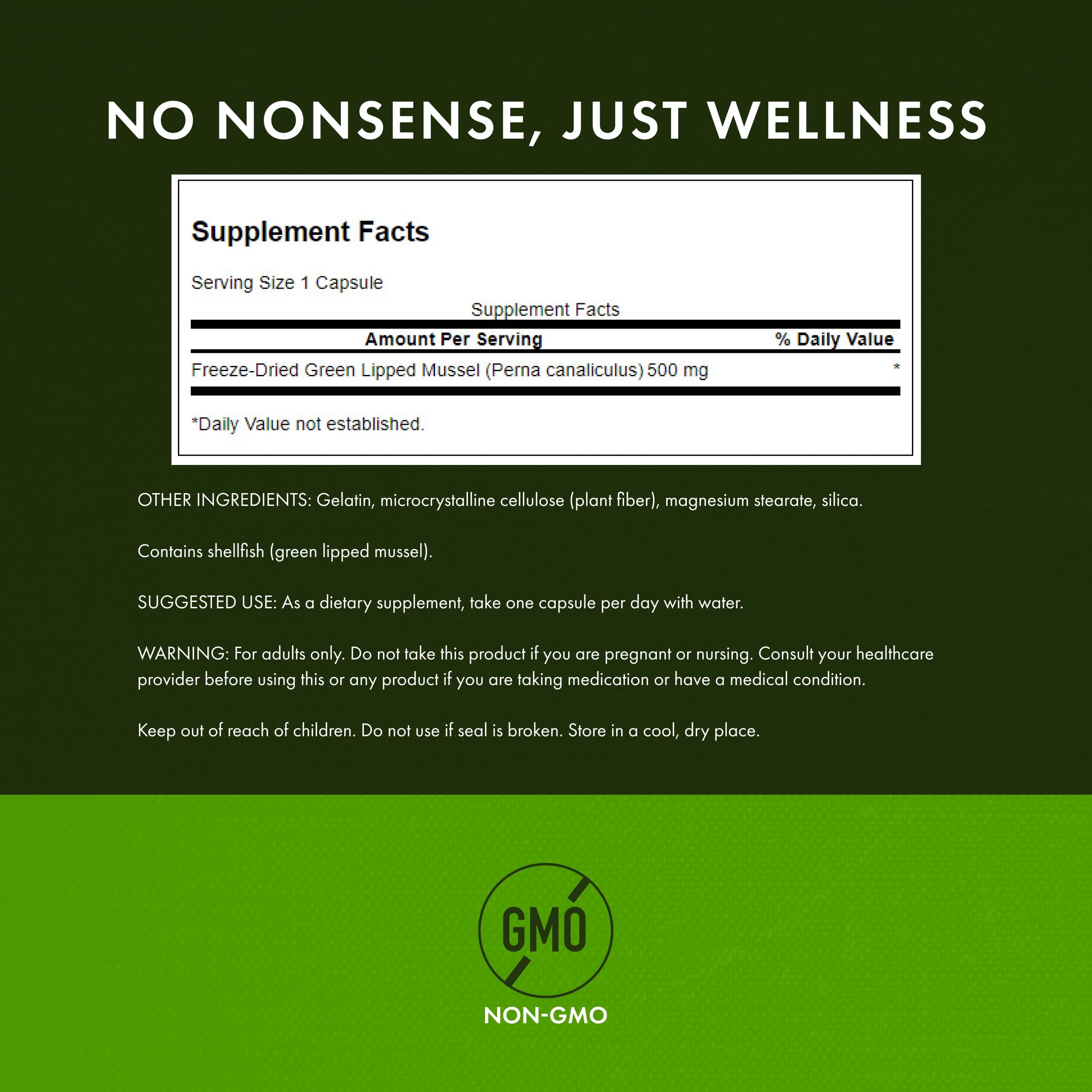 Swanson Green Lipped Mussel supplement bottle side profile showing nutrition facts