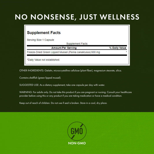 Swanson Green Lipped Mussel supplement bottle side profile showing nutrition facts