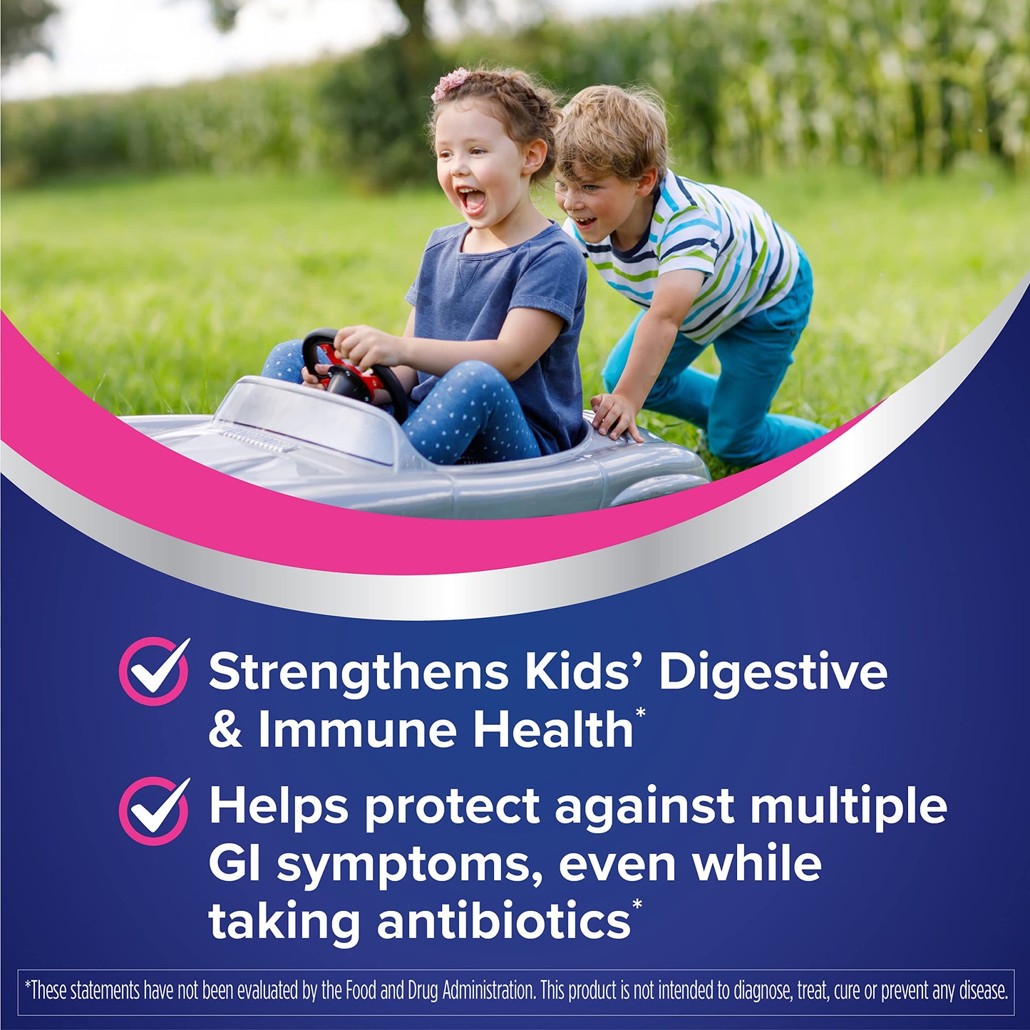 Side panel of imported Florastor Kids sachet box with dietary and allergen information