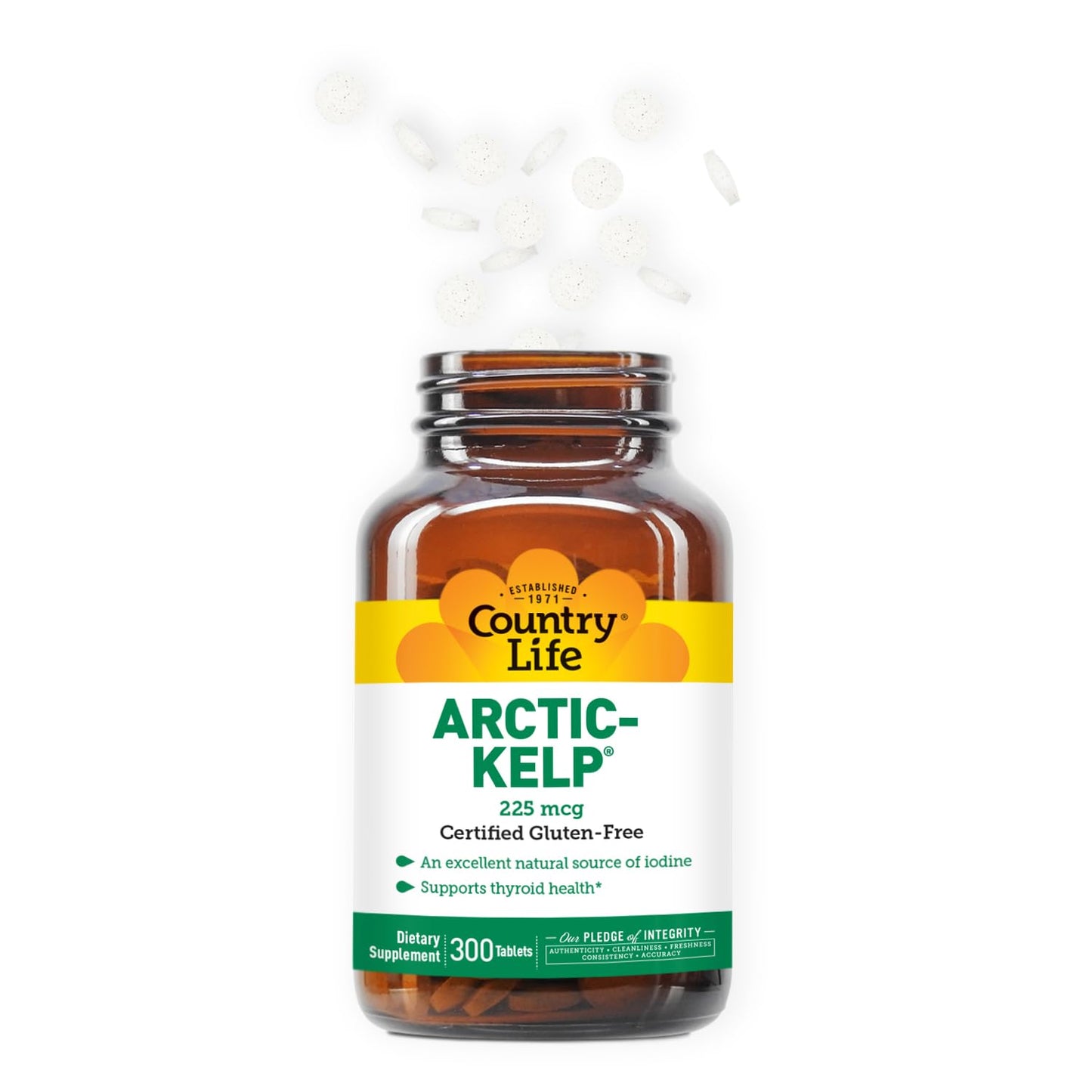 Country Life Arctic Kelp 300 tablets bottle showing vegan and gluten free certifications