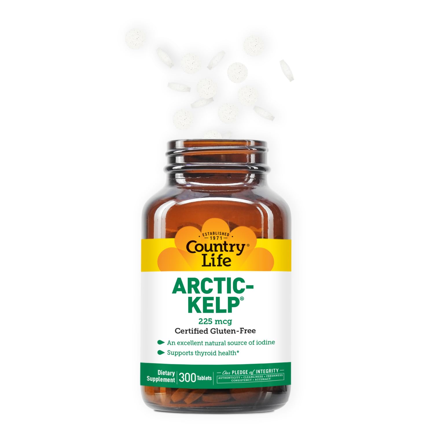 Country Life Arctic Kelp 300 tablets bottle showing vegan and gluten free certifications