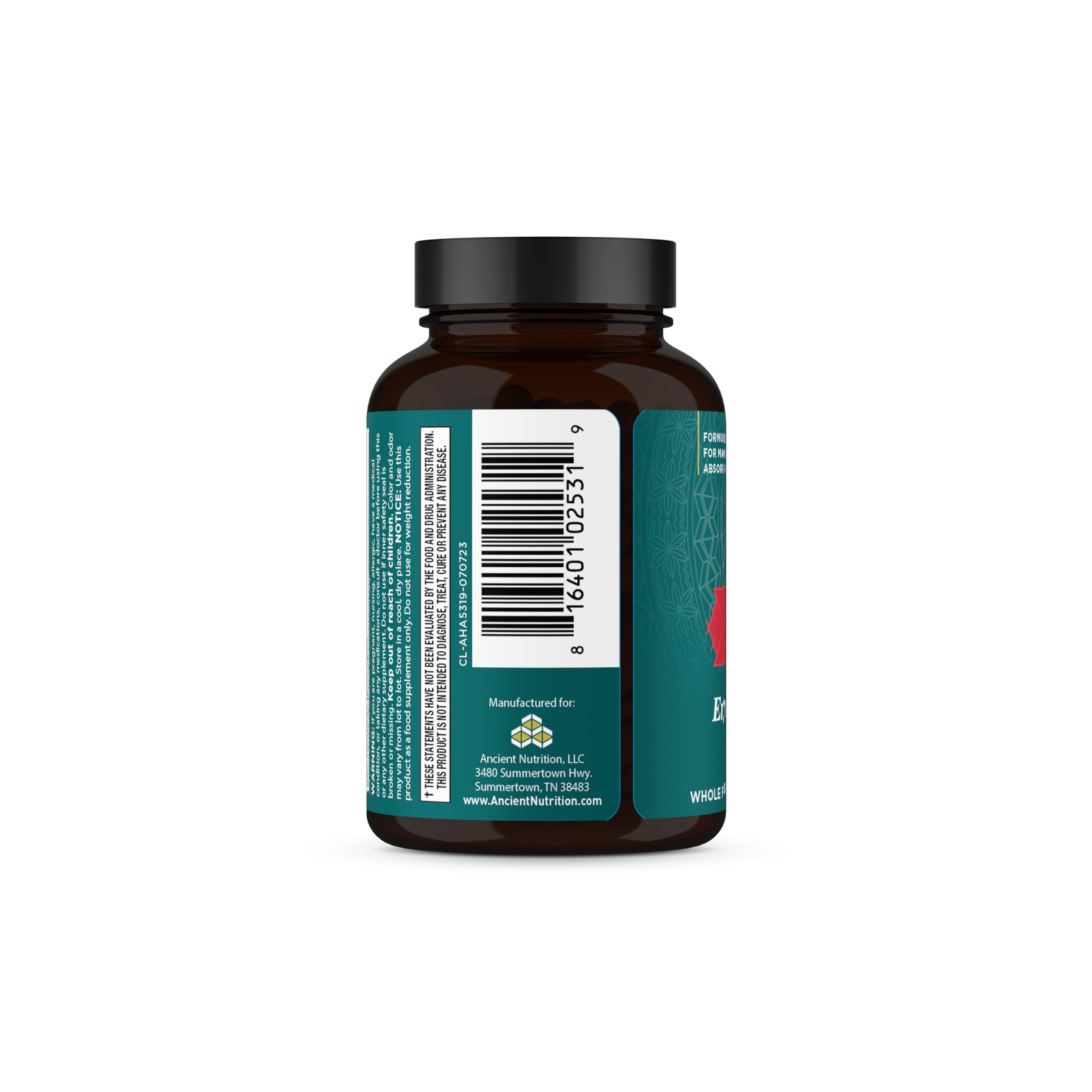 Side label view of Ancient Nutrition thyroid supplement showing adaptogenic ashwagandha ingredients.