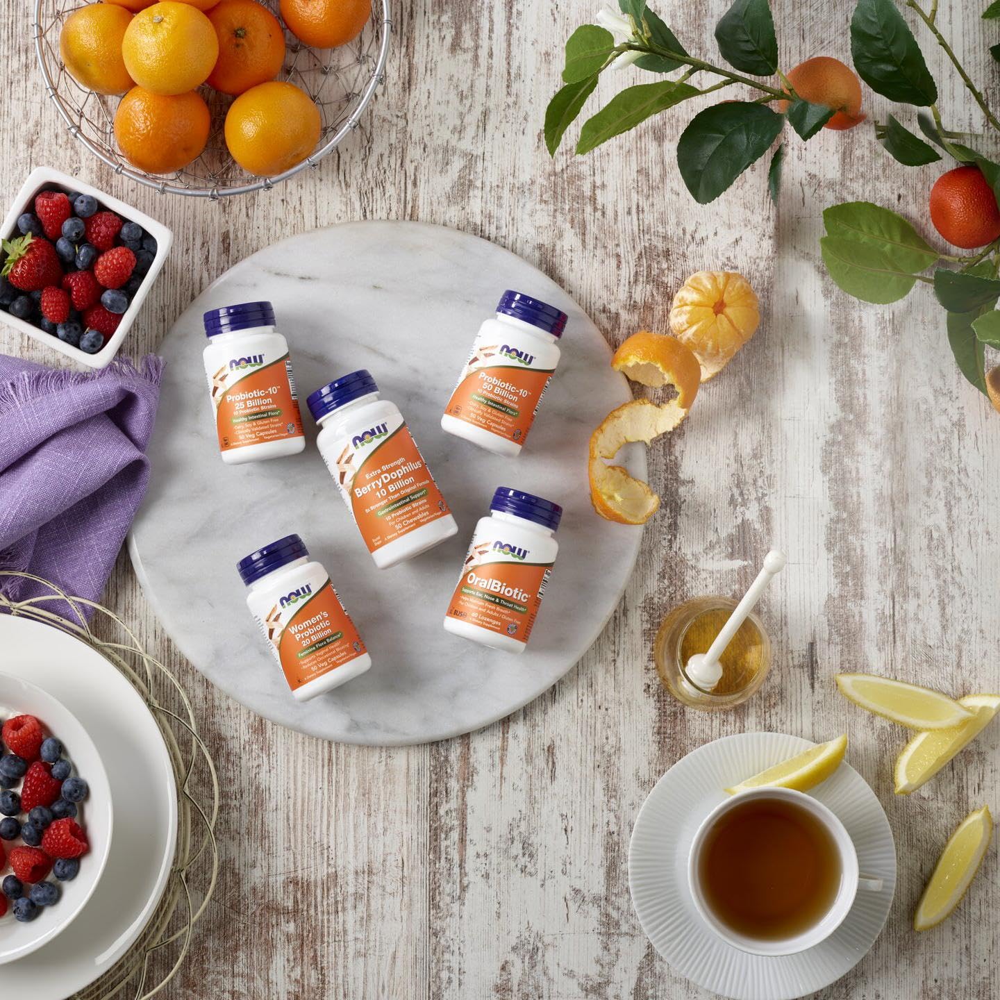 Now Foods Probiotic-10 25 Billion 50 Vegetarian Capsules back panel with usage instructions for daily digestion.