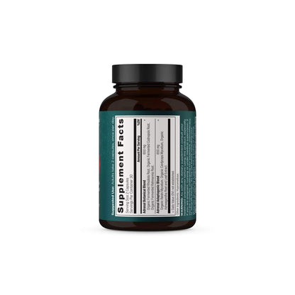 Dark plastic bottle of Ancient Nutrition ashwagandha thyroid supplement on a clean background.