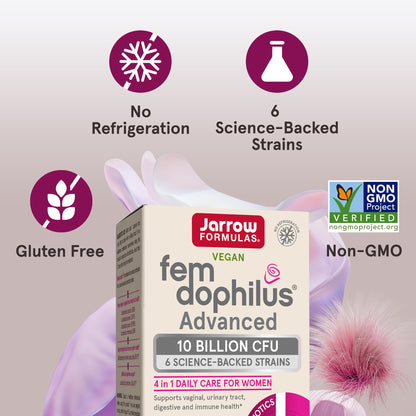 Jarrow Formulas Fem-Dophilus Advanced shelf stable 10 billion colony forming units bottle.