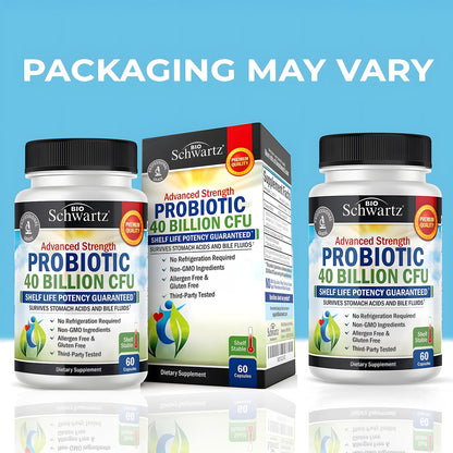 BioSchwartz advanced strength probiotic nutritional supplement packaging showing colony-forming units count.