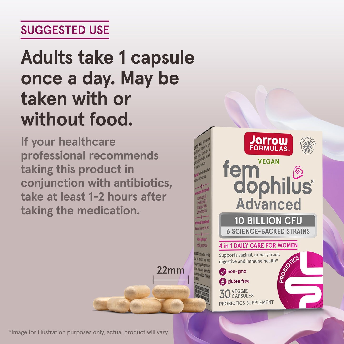 Jarrow Formulas Fem-Dophilus Advanced box packaging detailing 4 in 1 daily care advantages.