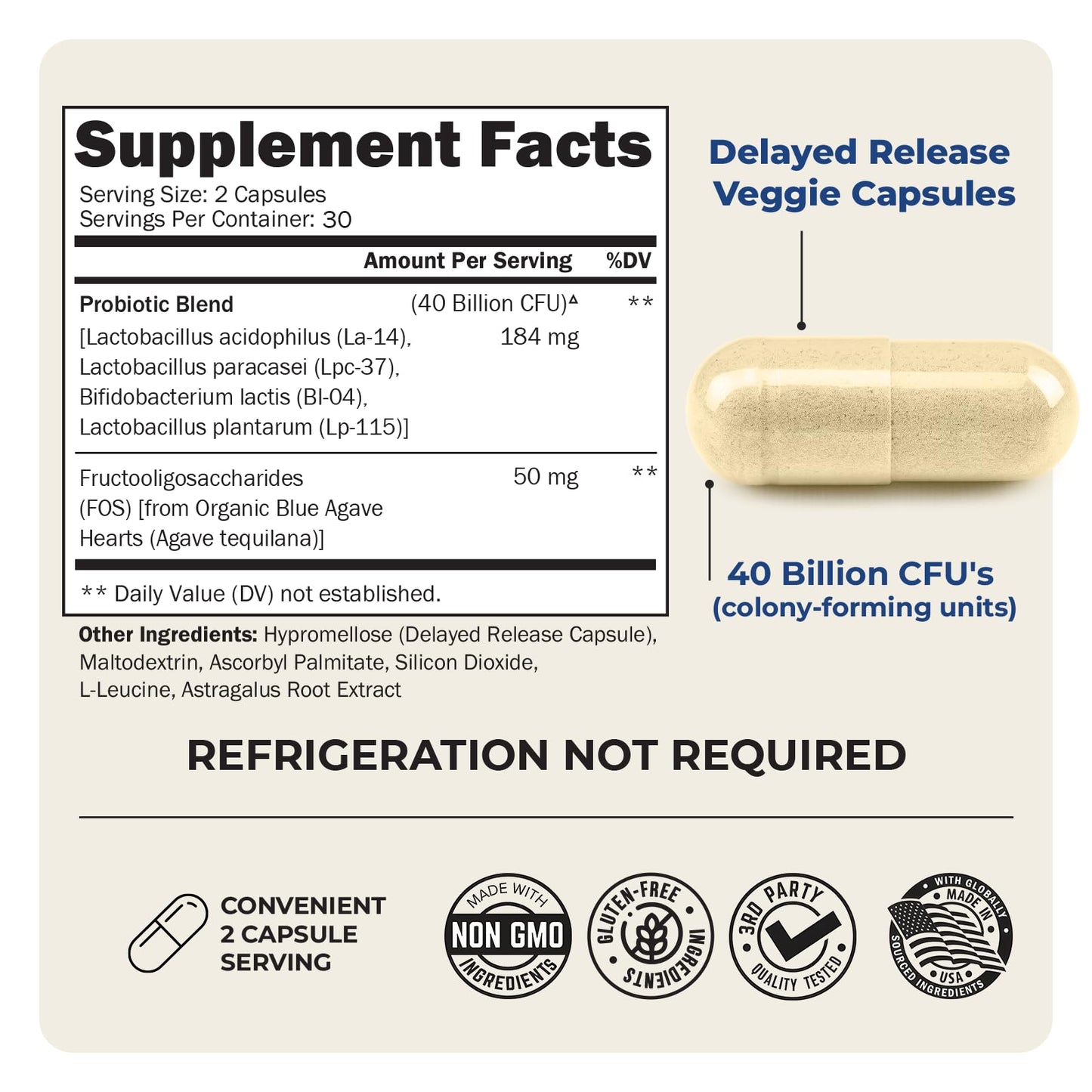 Side label view of imported USA probiotic supplement highlighting gut flora and astragalus ingredients.