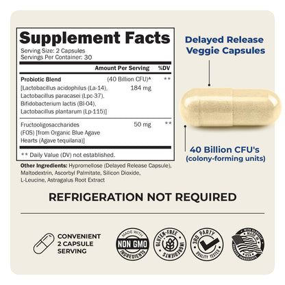 Side label view of imported USA probiotic supplement highlighting gut flora and astragalus ingredients.