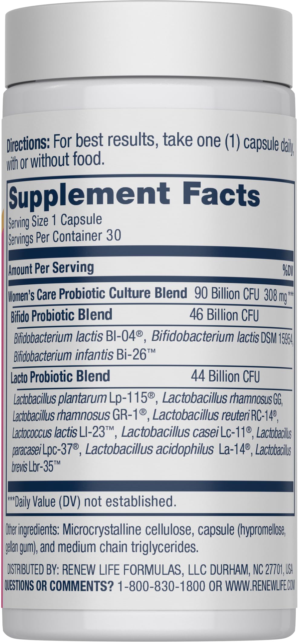 Renew Life daily feminine probiotic supplement bottle side view showing dietary features.