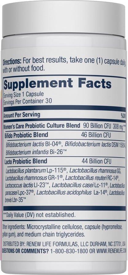 Renew Life daily feminine probiotic supplement bottle side view showing dietary features.