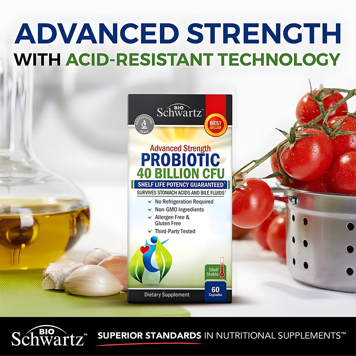 Capsule representation of premium shelf stable 40 billion CFU daily gut supplement for men and women.