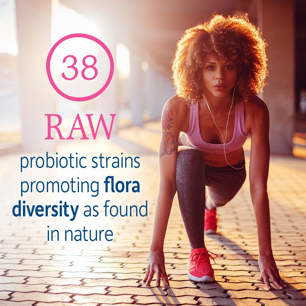 Back label view displaying the 38 probiotic strains and ingredient breakdown for intimate health.
