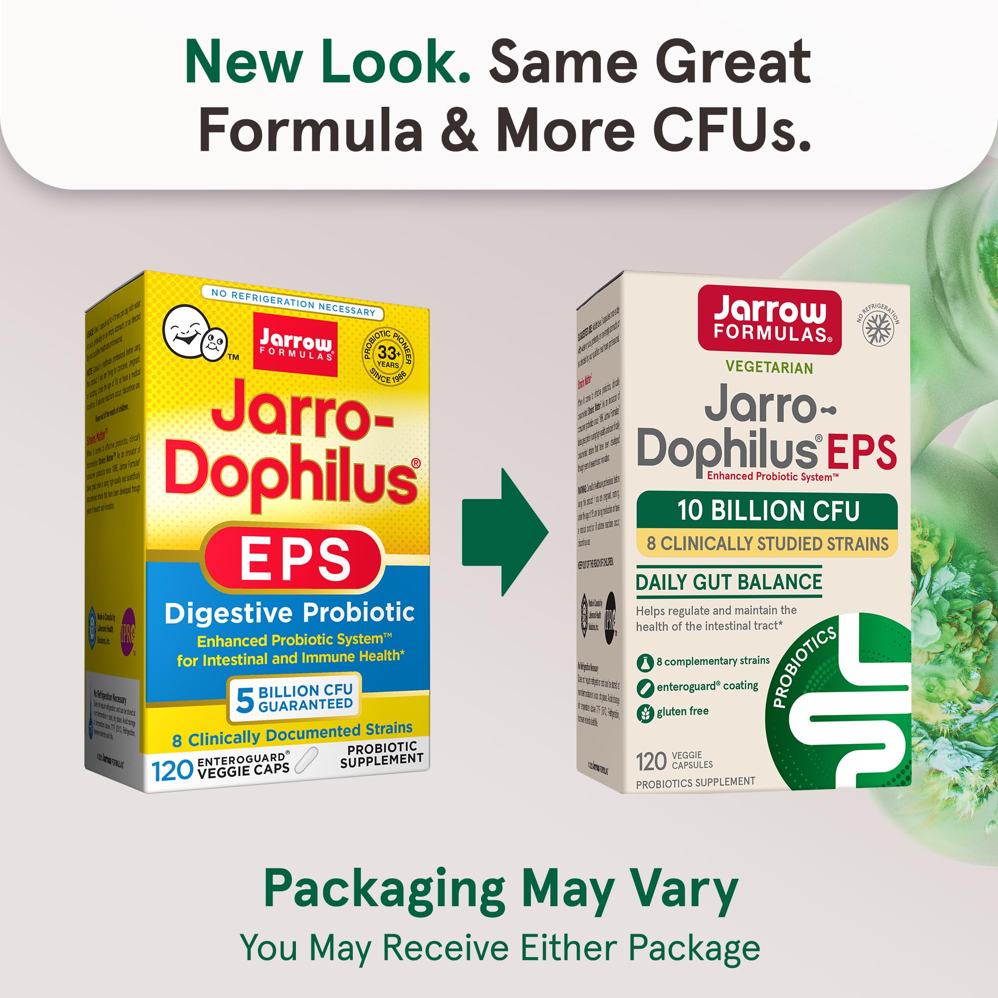 Close-up of Jarrow Formulas Jarro-Dophilus EPS 120 vegetarian capsules showing protective blister packaging.