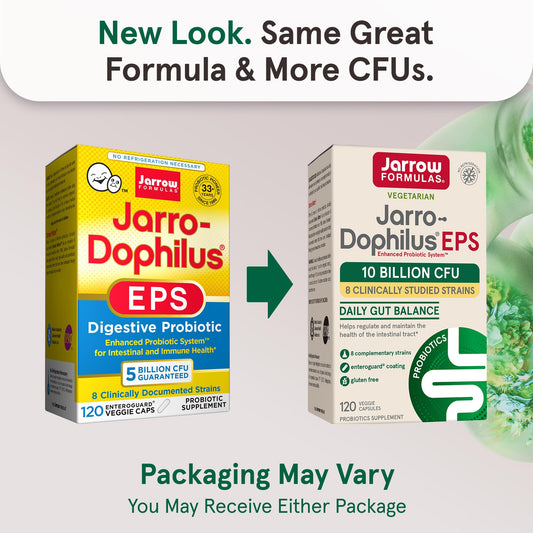 Close-up of Jarrow Formulas Jarro-Dophilus EPS 120 vegetarian capsules showing protective blister packaging.