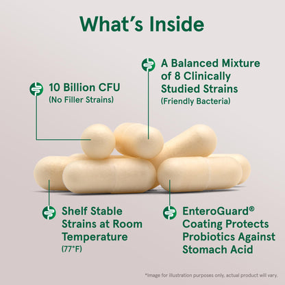 Supplement facts label on the back of Jarrow Formulas Jarro-Dophilus EPS showing eight clinically studied probiotic strains.