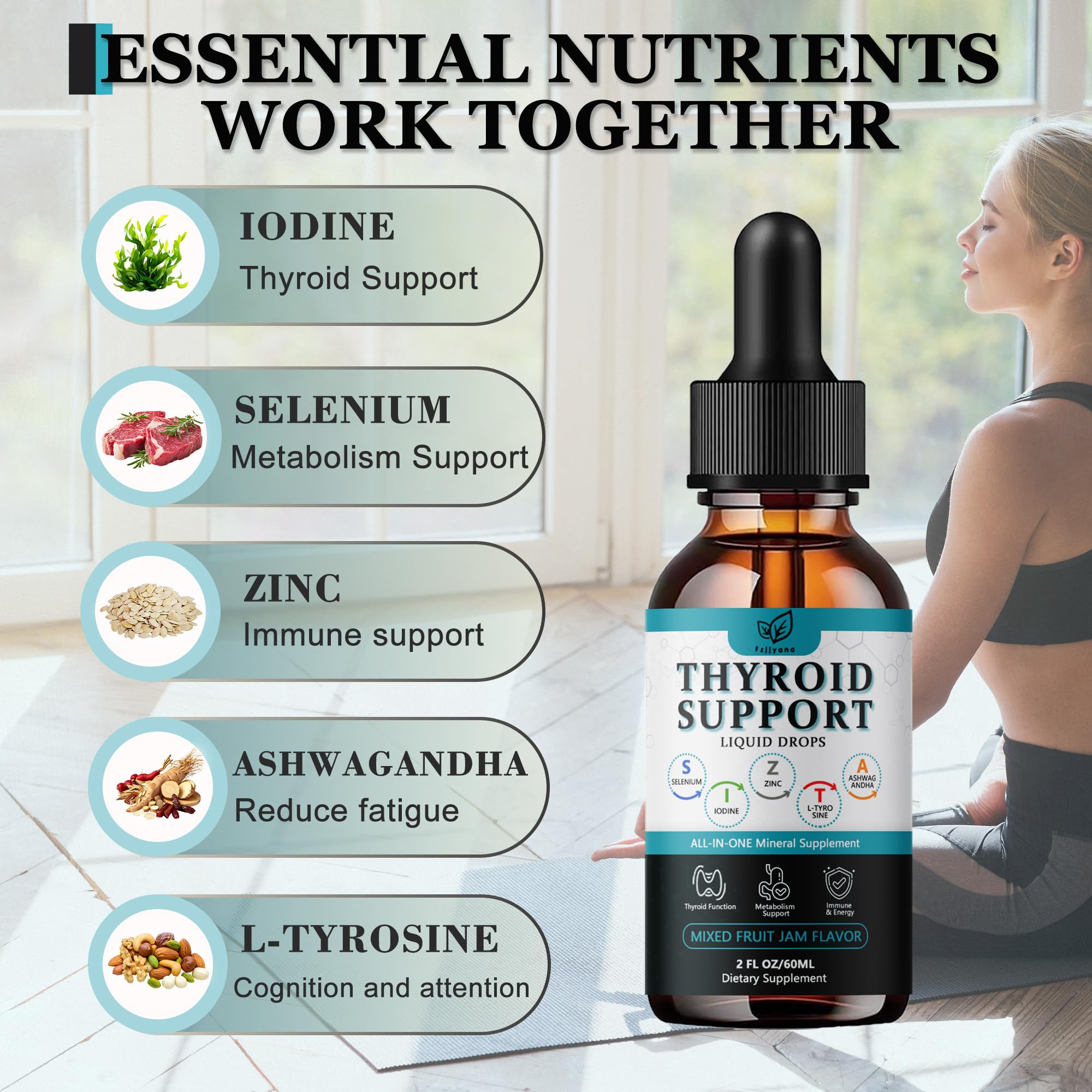 Fzjjyana vegan thyroid supplement packaging showing selenium and zinc ingredients.