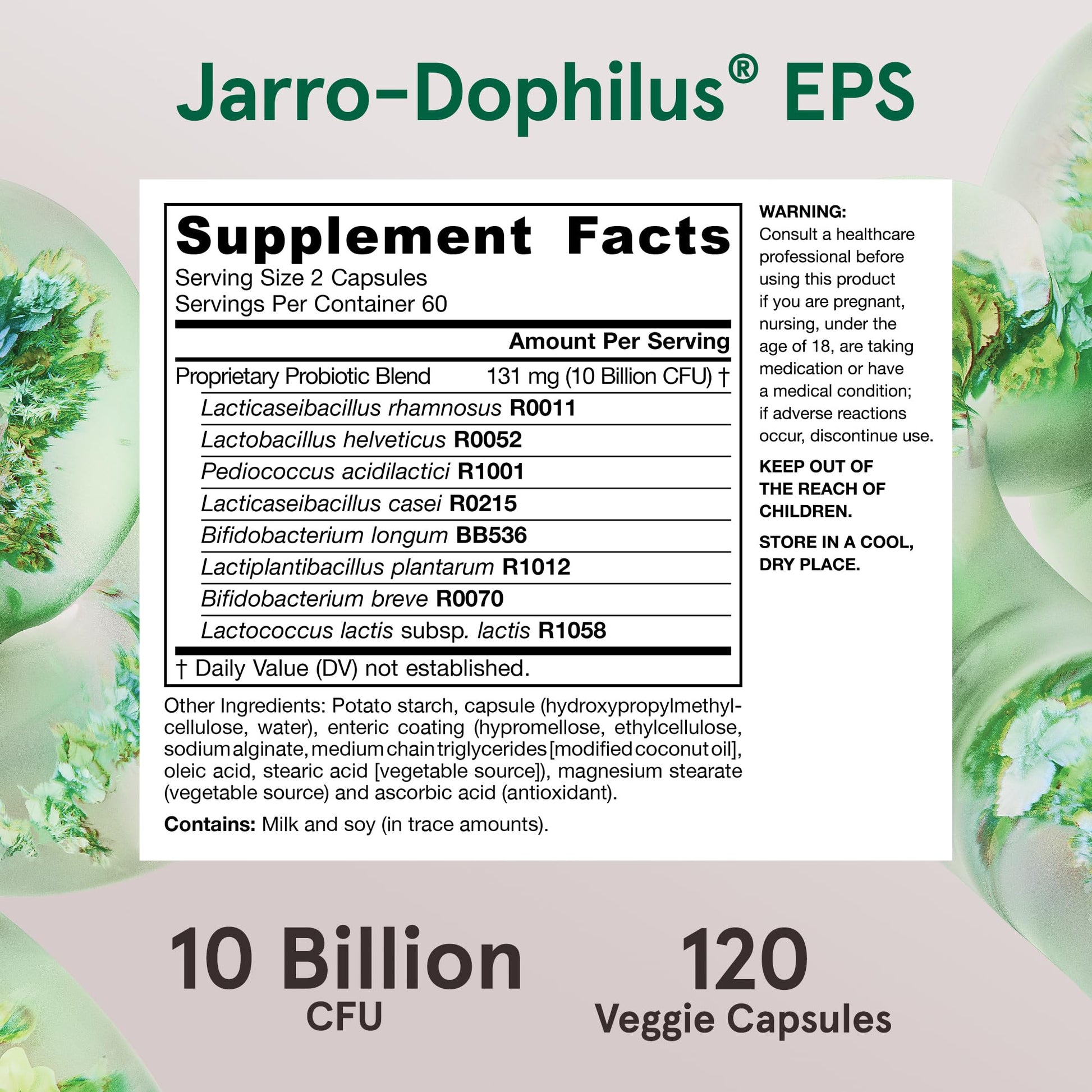 Side view of Jarrow Formulas Jarro-Dophilus EPS packaging outlining ingredient purity and allergen information.