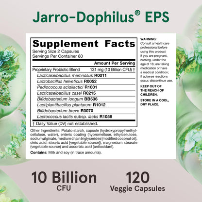 Side view of Jarrow Formulas Jarro-Dophilus EPS packaging outlining ingredient purity and allergen information.