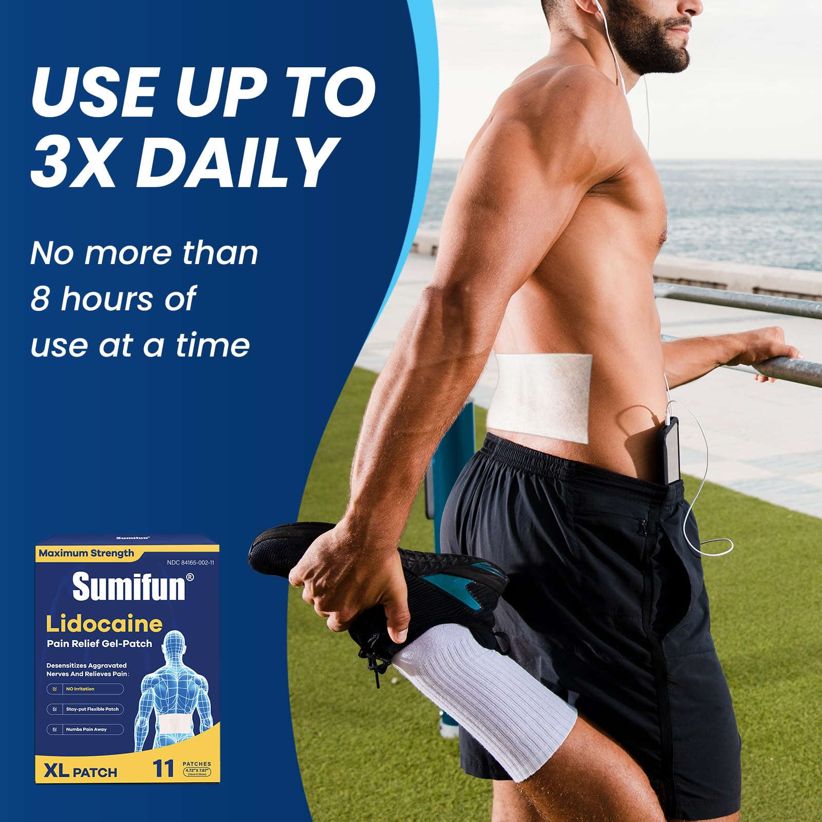 Sumifun 4% lidocaine patch applied to lower back for coverage
