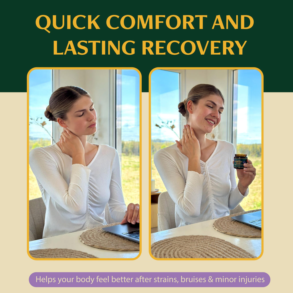 Back label of Wild Healing Comfrey Salve showing ingredients