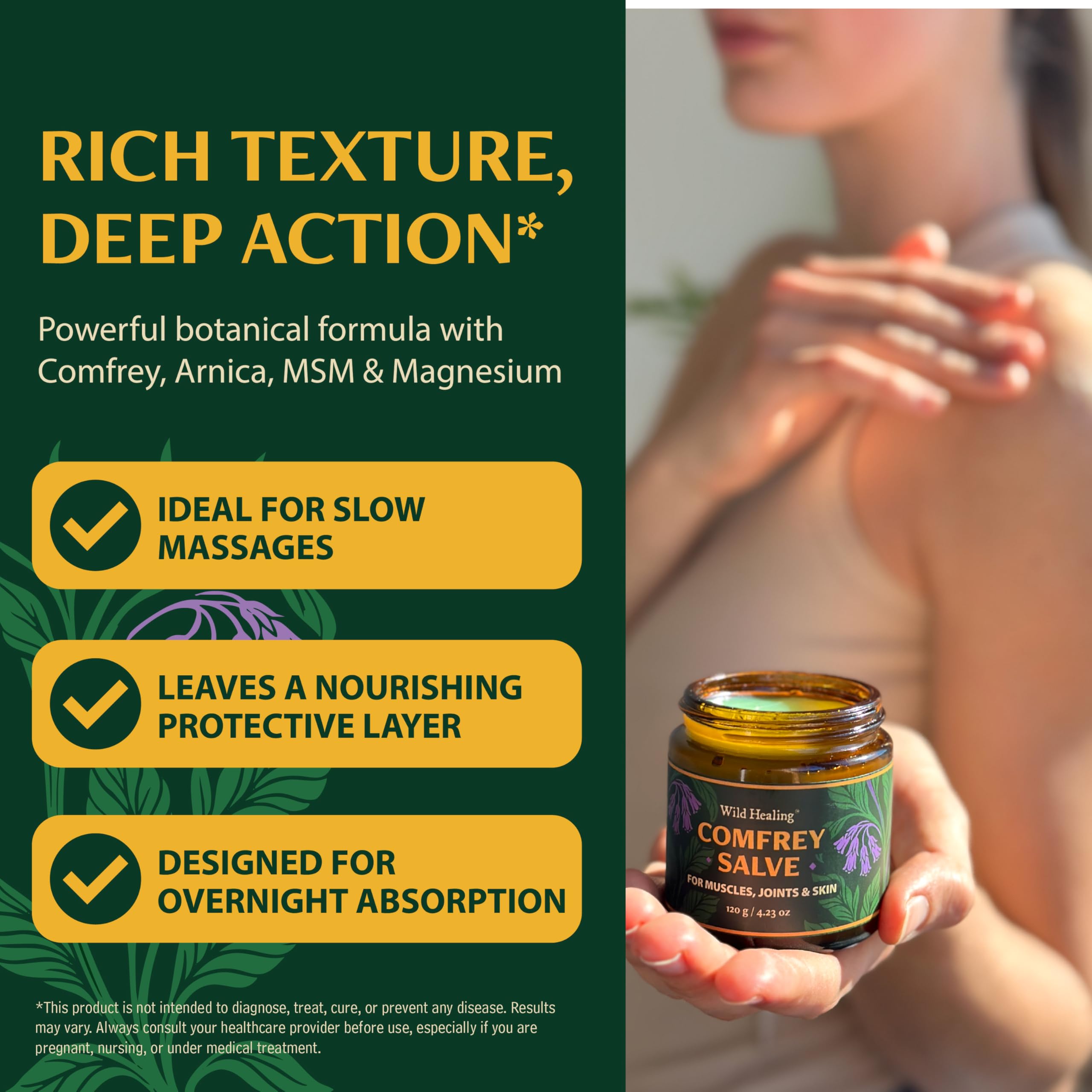 Wild Healing Comfrey Salve jar next to natural arnica flowers