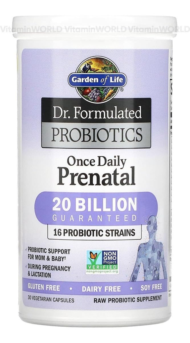 Authentic USA imported Garden of Life prenatal probiotic shelf stable bottle displaying clean organic ingredients