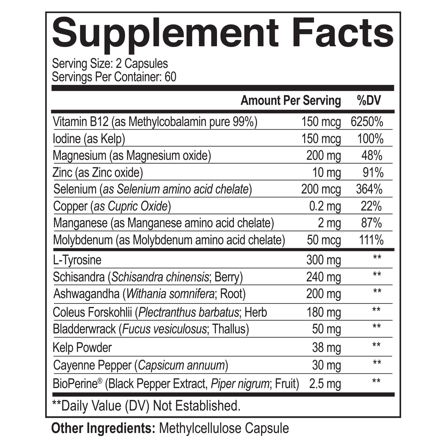 NutriFlair Thyroid Support supplement facts label showing iodine and ashwagandha
